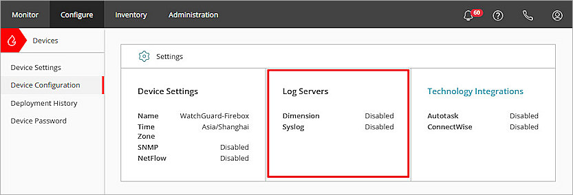 Screenshot of the Device Configuration page with the Log Servers tile highlighted.